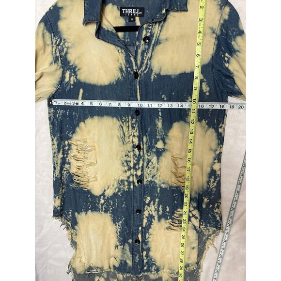 Thrill Jeans Women Shirt Medium Blue High Low Distressed Button Down pre owned - Picture 13 of 14